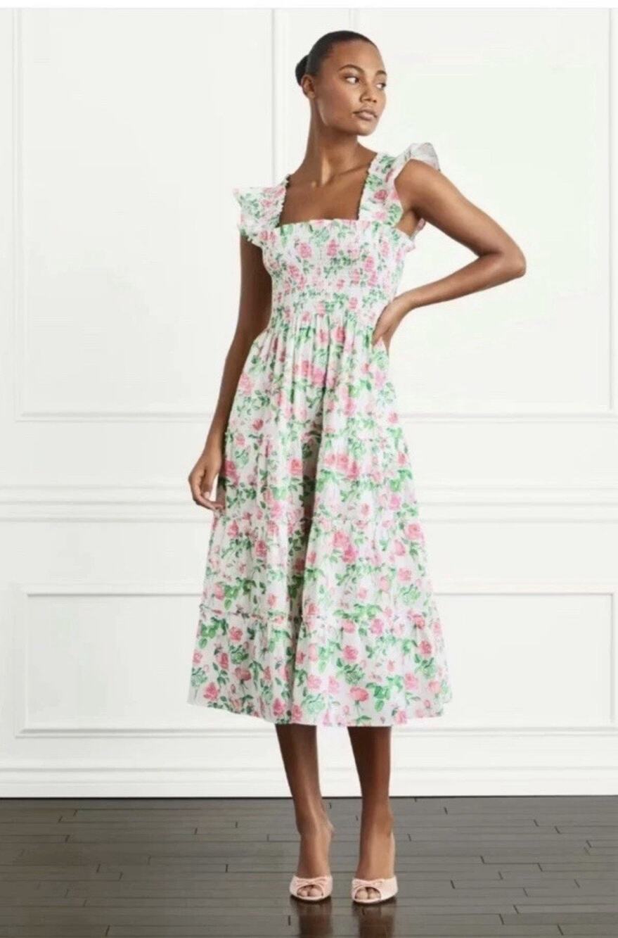 New HILL HOUSE HOME Ellie Nap Dress Pink Rose Floral Smocked Boho Preppy S Small